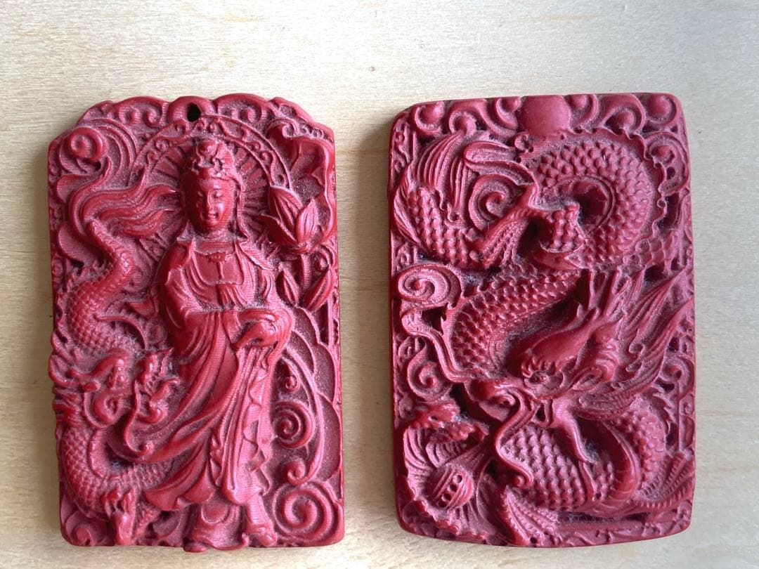 【一点物】龍＆観音⭐︎シナバー彫刻2点セット⭐︎開運・風水・アンティーク調　神龍⭐︎