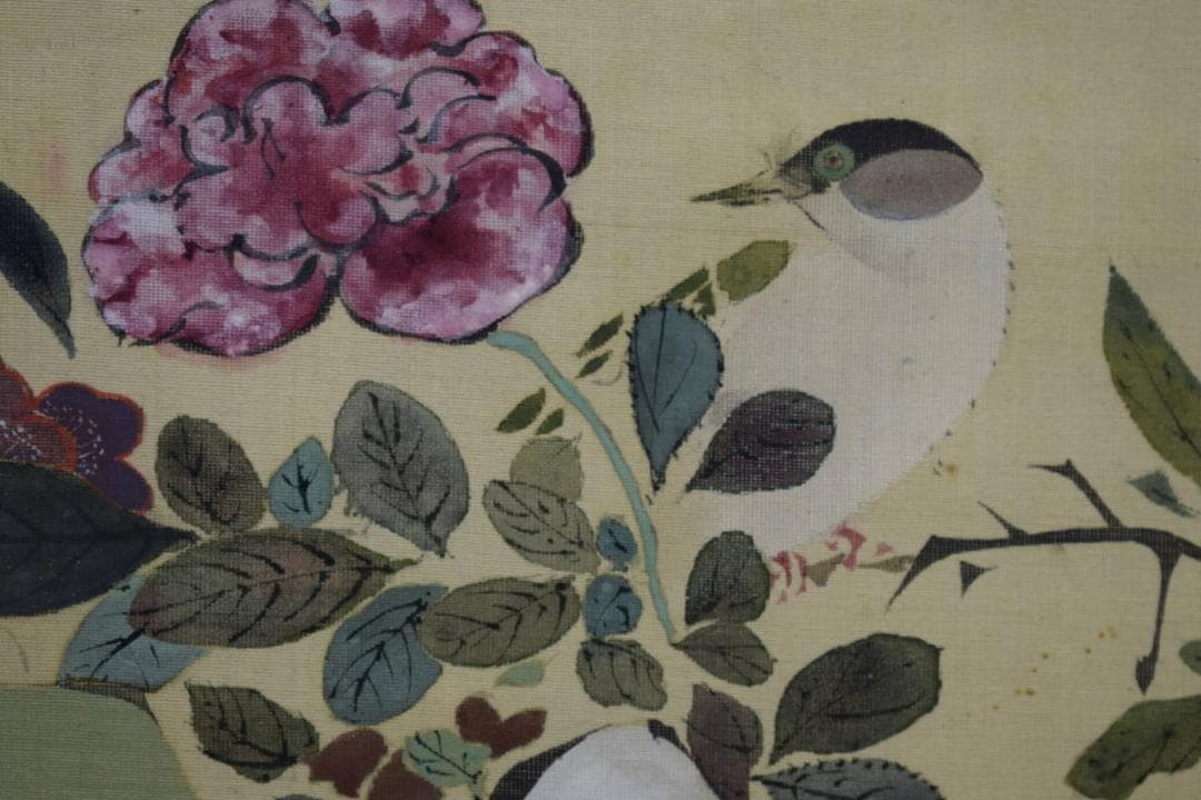 真作/米宮三人/四季花/小禽図/布袋屋掛軸HG-371