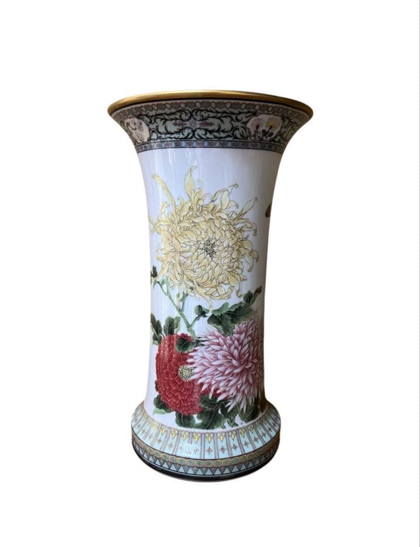 希少 ヴィンテージ 色絵磁器花瓶 「四季菊花山雀」愛新覚羅毓誉 中国陶磁器