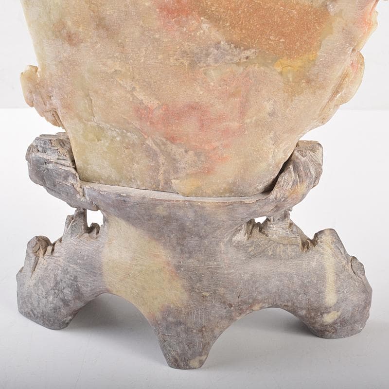 中国　玉石蝋石青田石　楼閣山水雕　床飾　置物　M　R7537