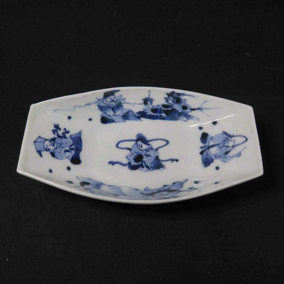 向付 変形皿 小皿 染付 七福神 銘 明治 大正 昭和初期 5客 その1
