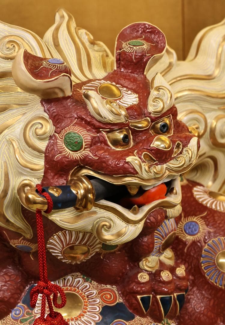 九谷焼　八幡釜　須栄義　剣獅子　置物　床飾　魔除　縁起物　高さ40㎝　BK044