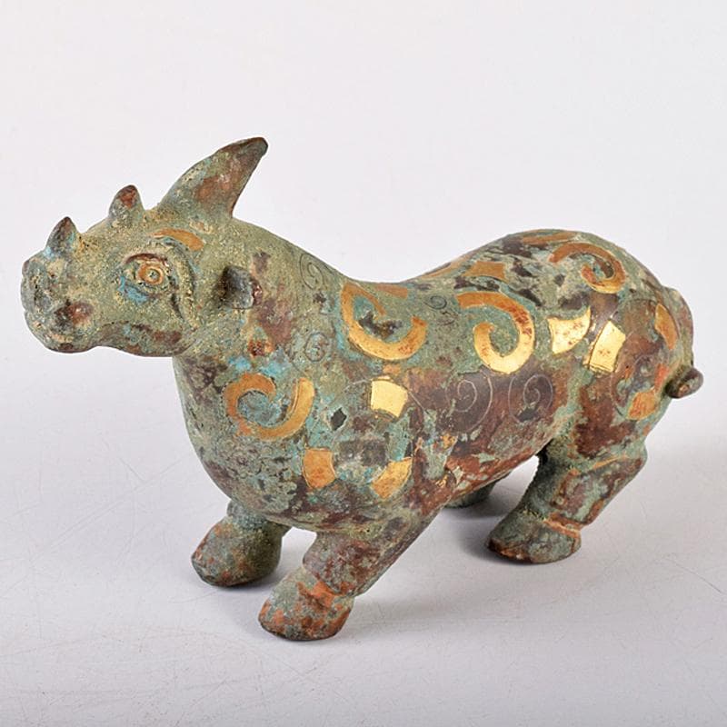 中国　青銅鍍金　金銀象嵌　神獣　置物　V　R8446