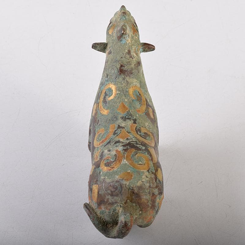 中国　青銅鍍金　金銀象嵌　神獣　置物　V　R8446