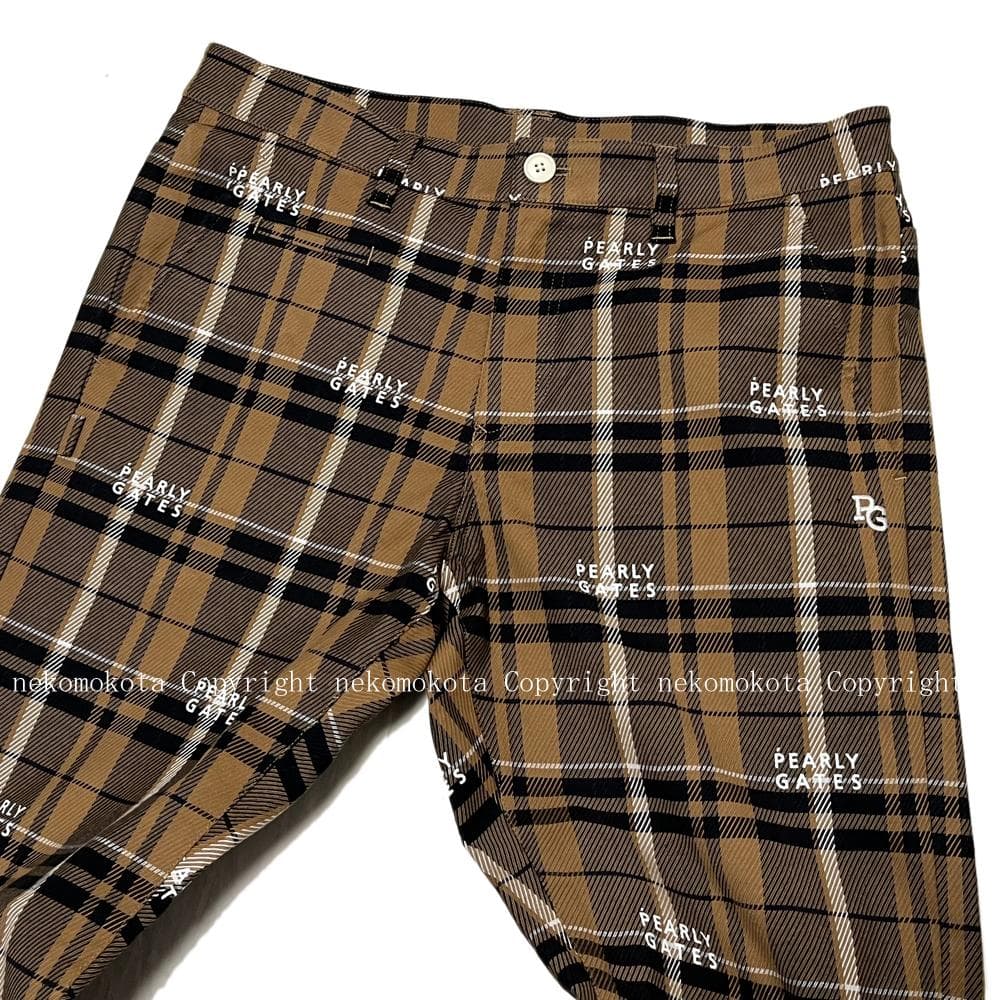 美品 パーリーゲイツ コットン ストレッチ カルゼ チェック ロゴ パンツ