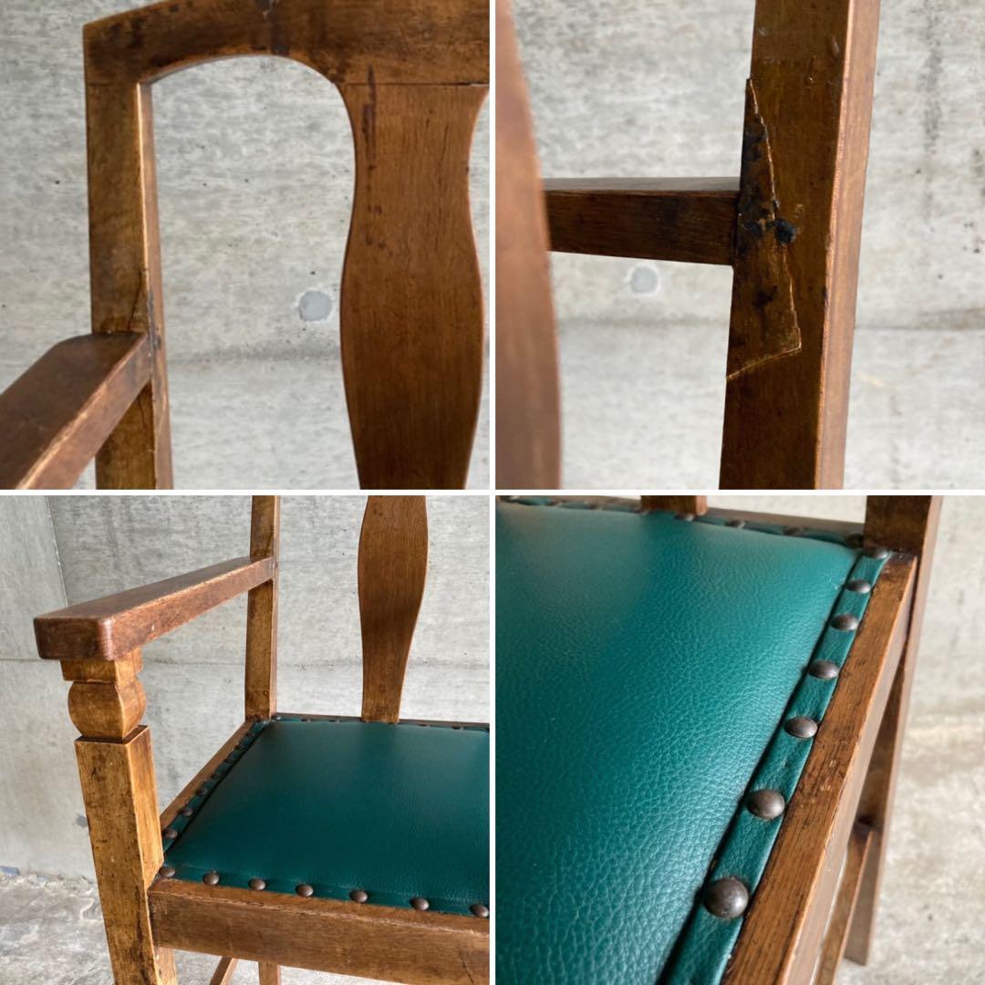 古い味のある子供椅子 ハイチェア 木製 飾り台 緑色 家具 レトロ ヴィンテージ