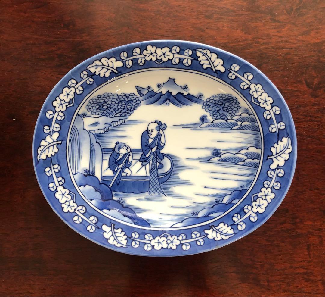 三川内焼　平戸祥山　手彩染付山水　舟に人物　5枚組