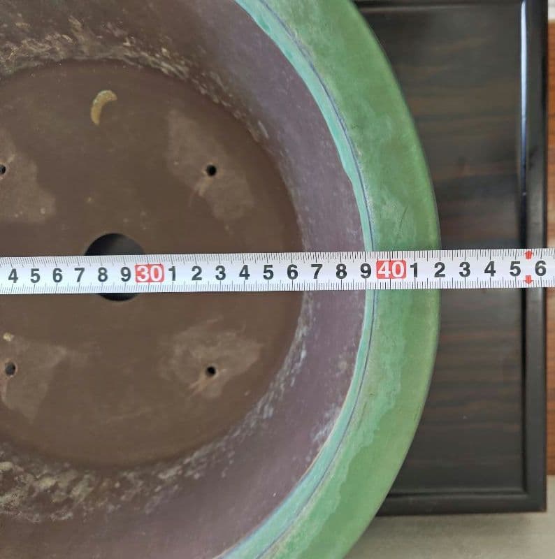 緑色の円型陶器製盆栽鉢 約42cm×15cm