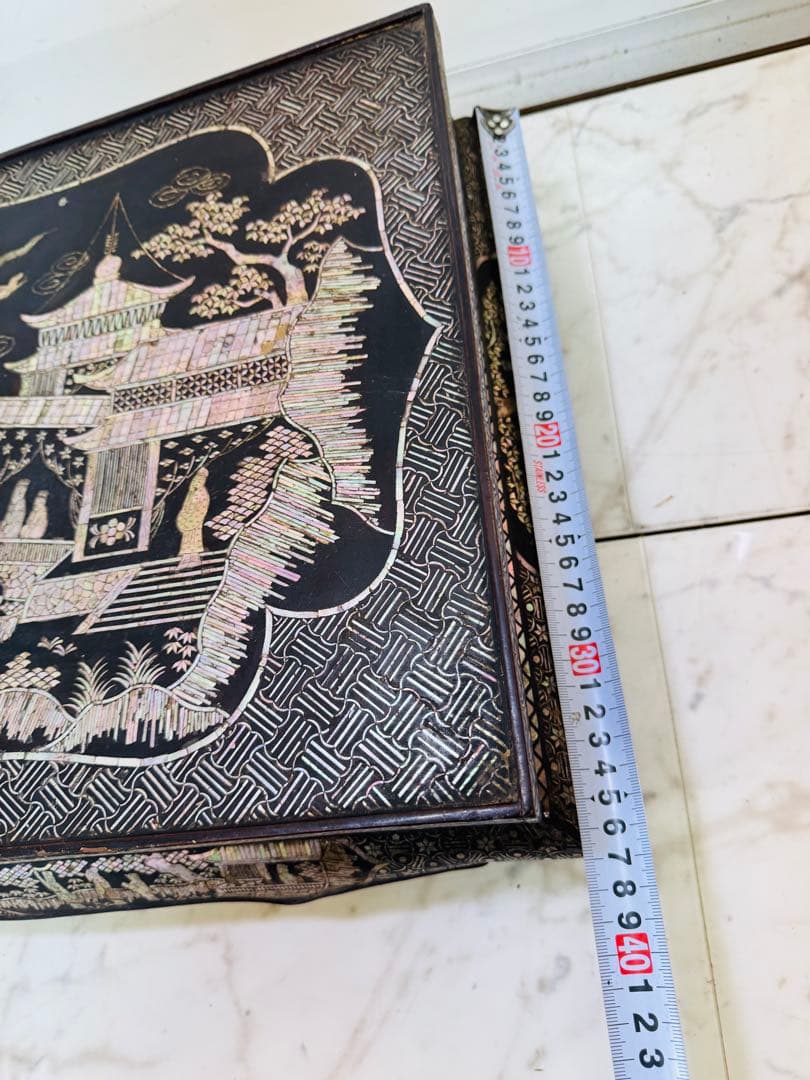 総螺鈿 細工 楼閣人物 長方平卓 61cm花台 飾台 香炉台 木製 猫足 漆芸