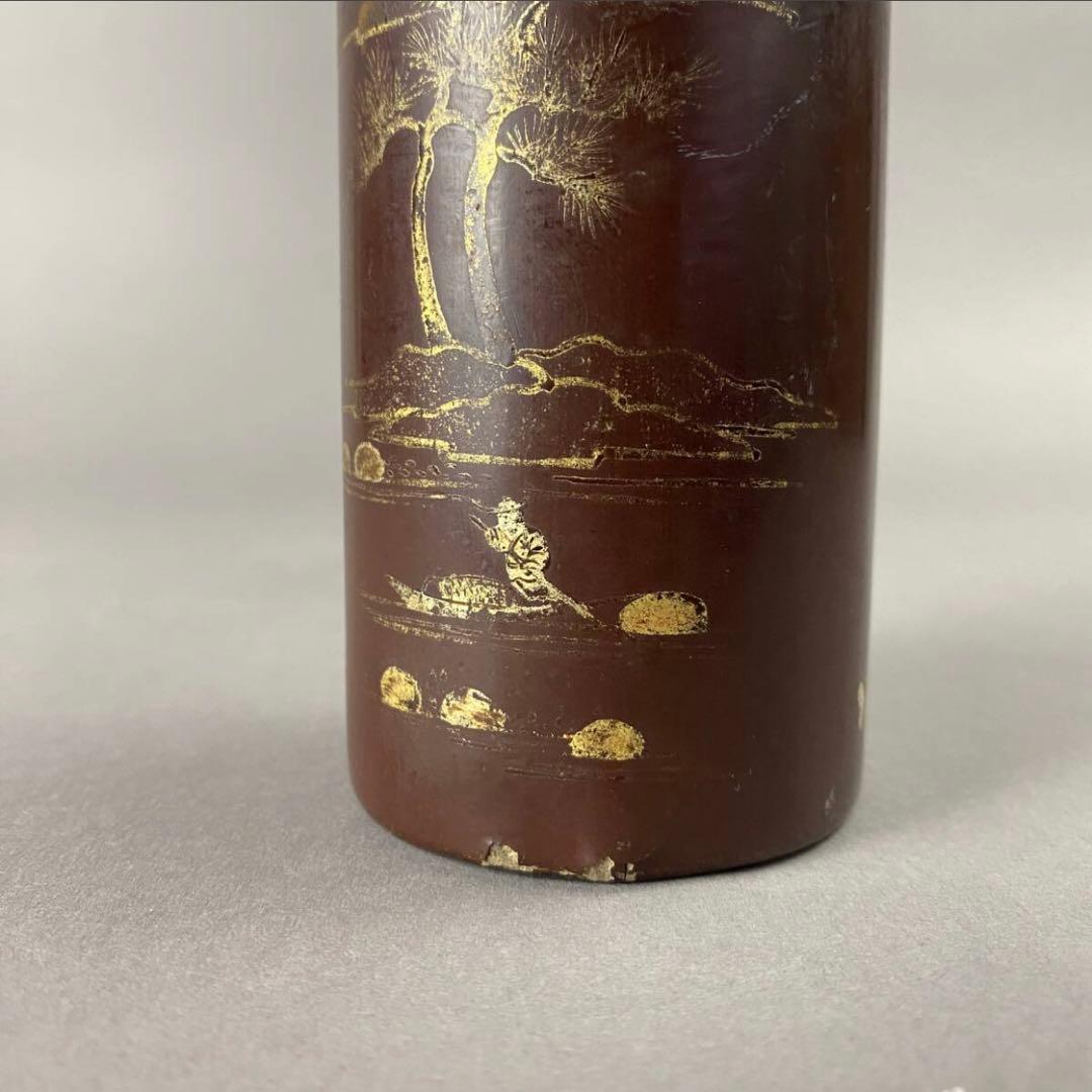 清~民国 黒漆金彩山水紋筆筒　茶道具　筆箱　骨董品　工芸品　時代もの　筆　蒔絵