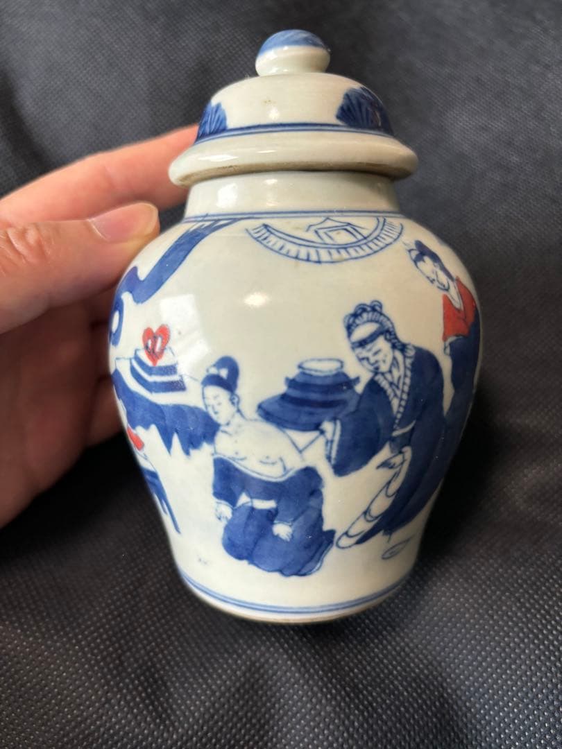 中国古美術品　青花釉裏紅　茶葉罐　人物(岳母刺字) 小壺　茶入　大清雍正年製