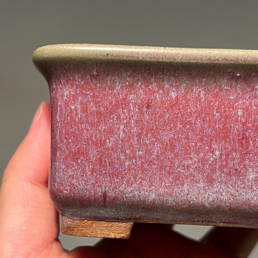 835.平安虹泉 紫釉抚角長方 盆栽鉢 植木鉢 11.7*9.7*5.7cm