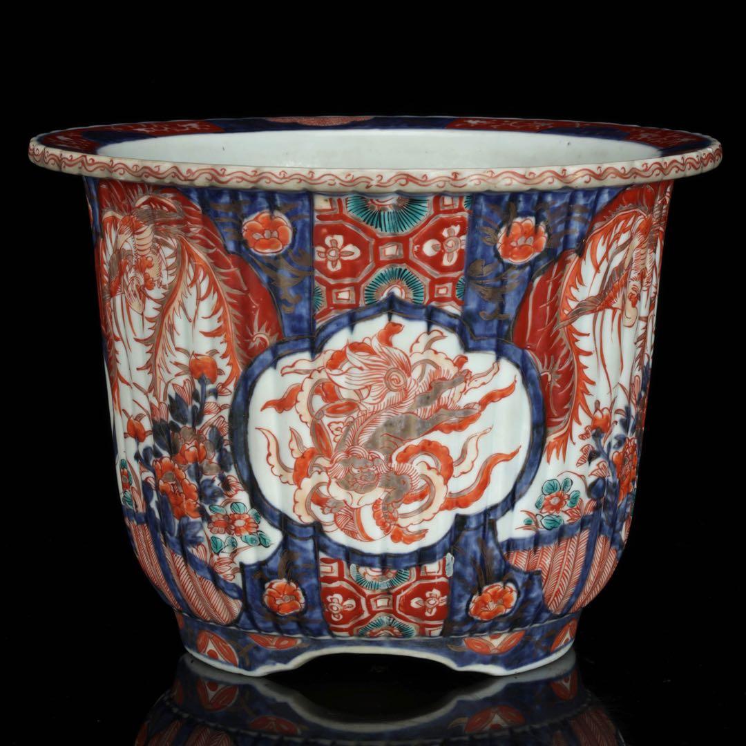 古伊万里 錦手丸鉢 色絵窓絵 鳳凰獅子文 植木鉢 蘭鉢 盆栽鉢 古美術 骨董品