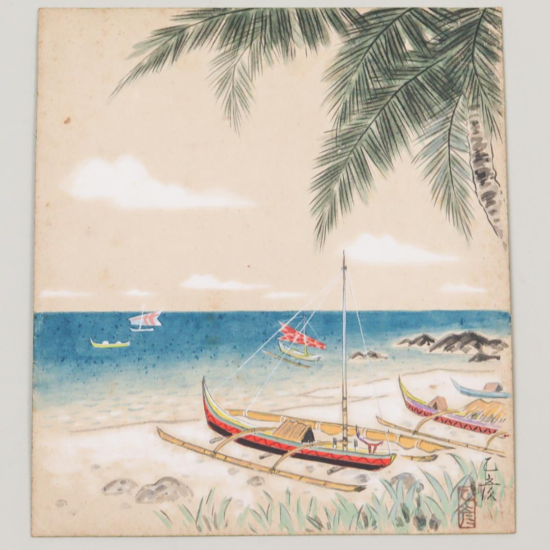 村松乙彦 海辺 風景画 肉筆 色紙絵