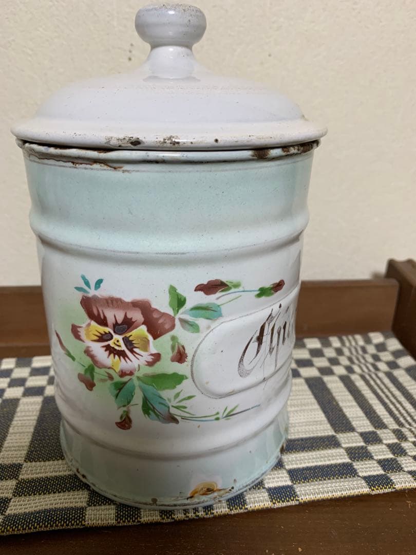 アンティーク　japy パンジー　ホーローキャニスター　ヴィンテージ