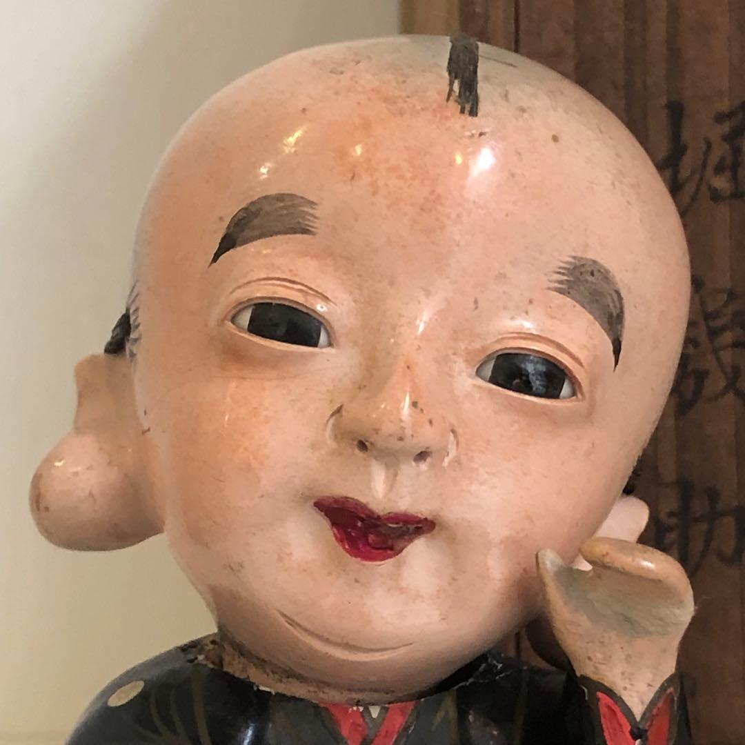 大正5年　福助人形　胡粉仕上げオープンマウス　骨董品　首動人形 インテリア　置物