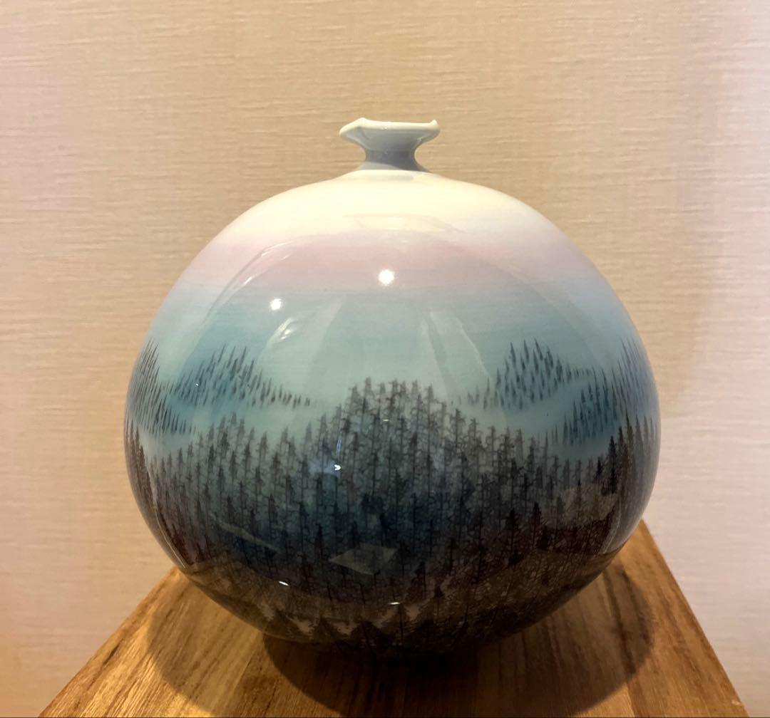 有田焼　日展入選多数　藤井朱明　朱明窯　「朝日」　壺　花瓶　花器　箱付き