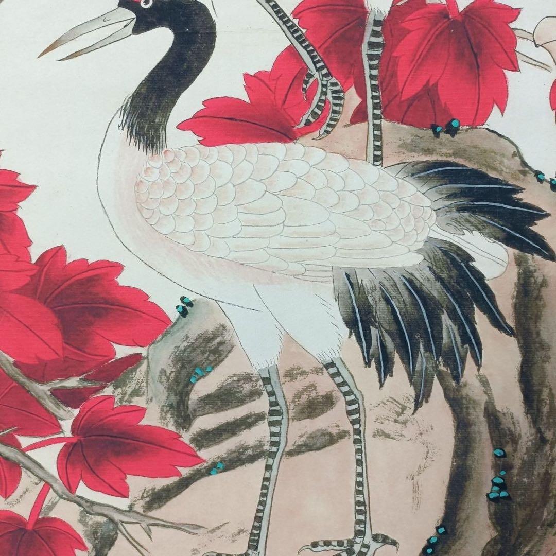 中国花鳥画 双鶴図 掛け軸 四尺中堂 紅葉 伝統絵画 サイズ：70×173cm
