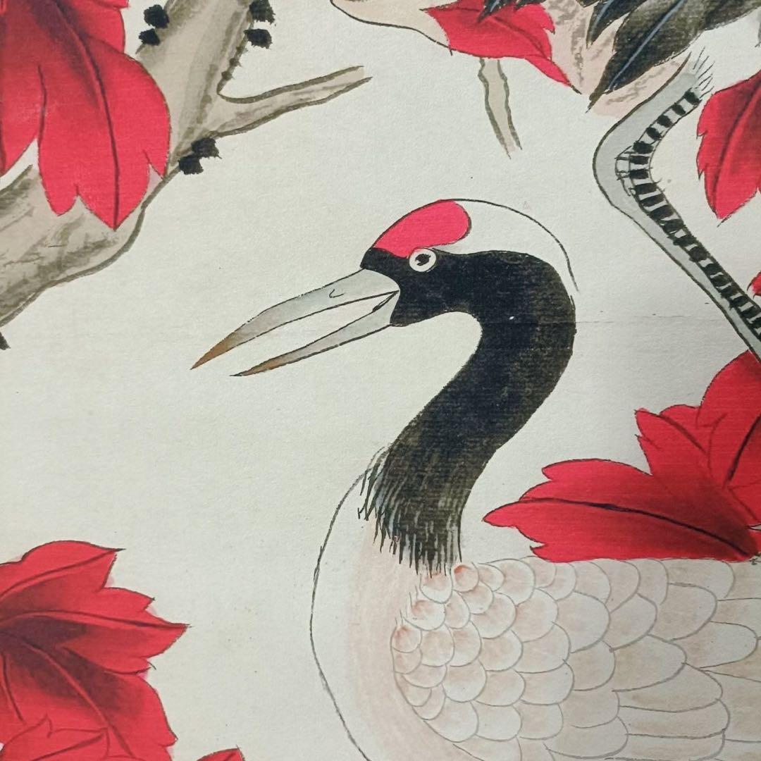 中国花鳥画 双鶴図 掛け軸 四尺中堂 紅葉 伝統絵画 サイズ：70×173cm