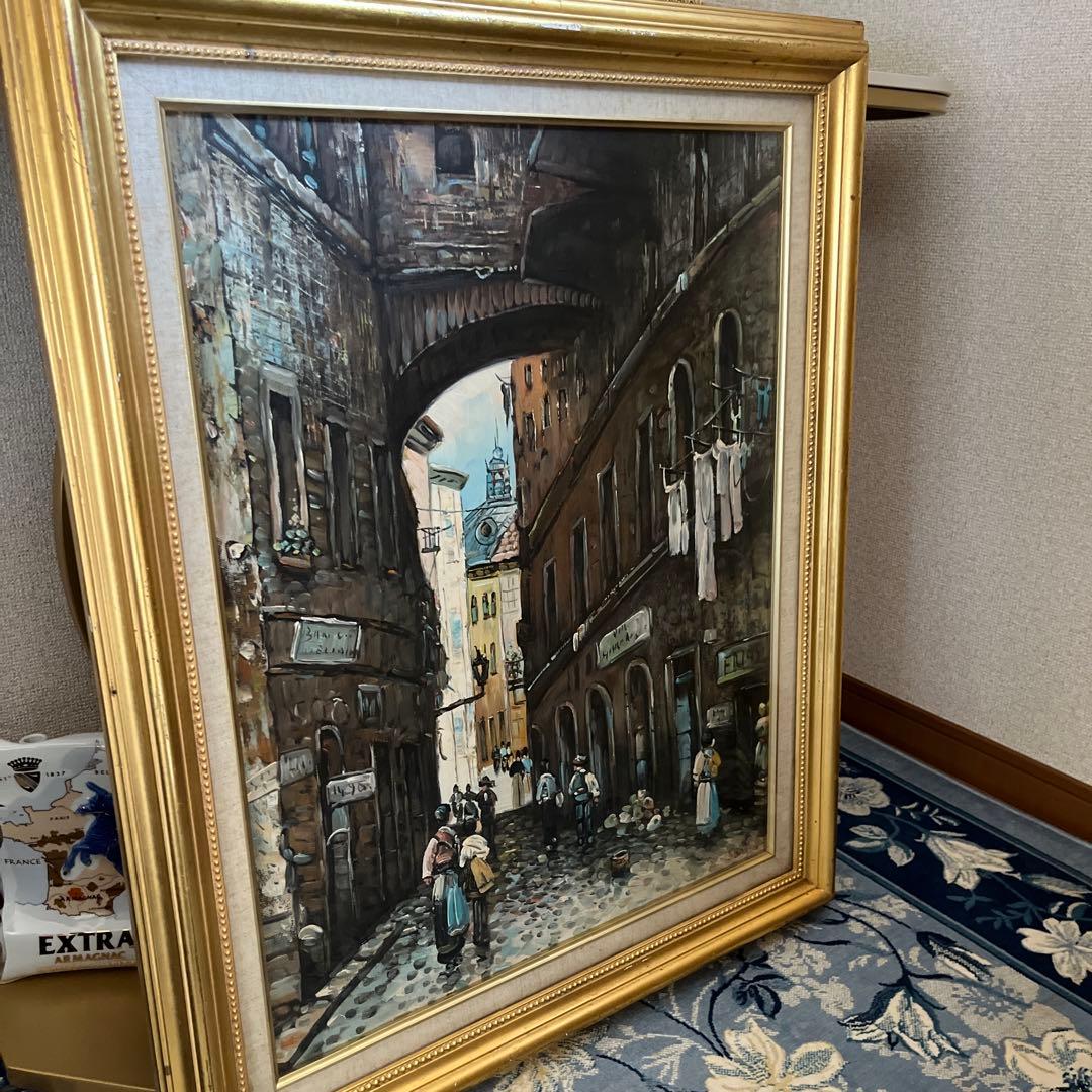 【更に値下げしました】街並み 油彩画 金色フレーム