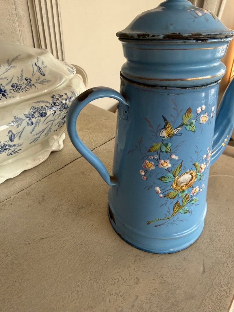 フランスアンティークエトワール社レア！小鳥と小鳥の巣ハンドペイントホーローポット