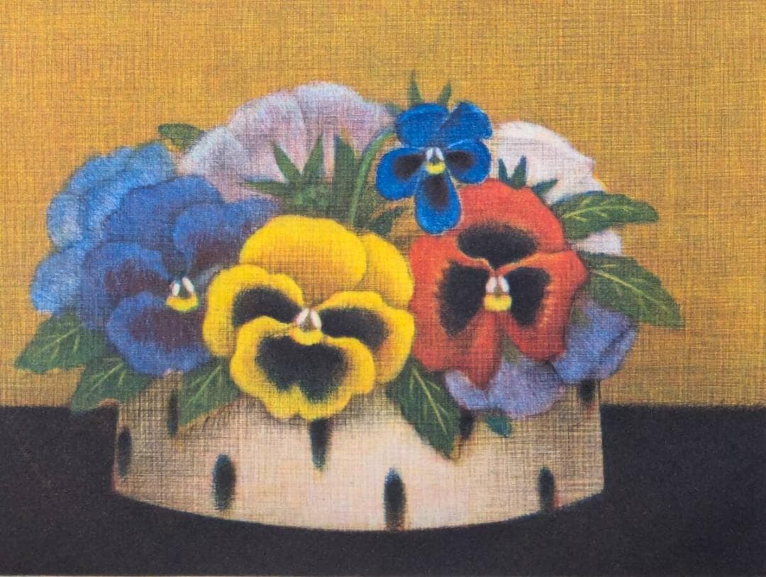 【真作】版画　銅版画　パンジー　白い小鉢　彩り豊かな花の版画　Z37