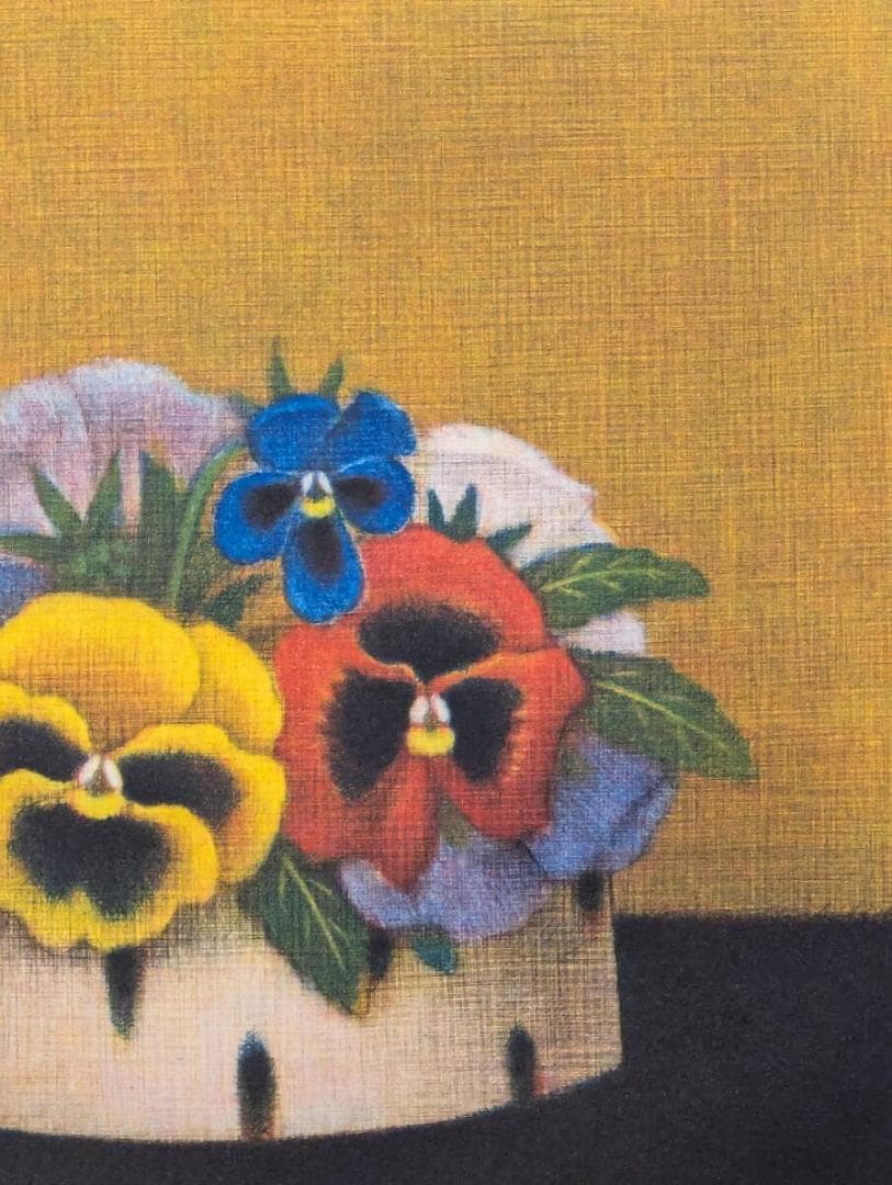 【真作】版画　銅版画　パンジー　白い小鉢　彩り豊かな花の版画　Z37