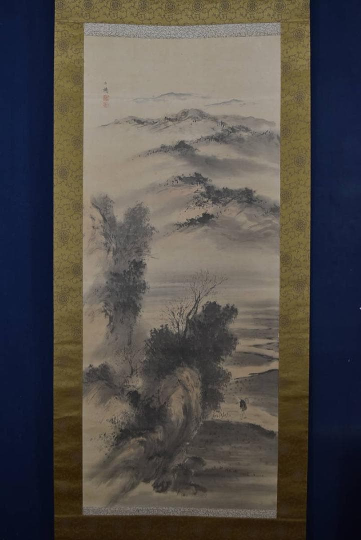 平福百穂/秋景山水図/秋景行旅図/掛軸/名家伝来/Z-892