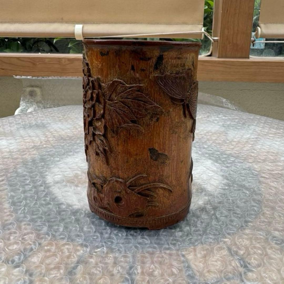 中国美術　竹製彫刻　筆立　筆筒　置物　骨董