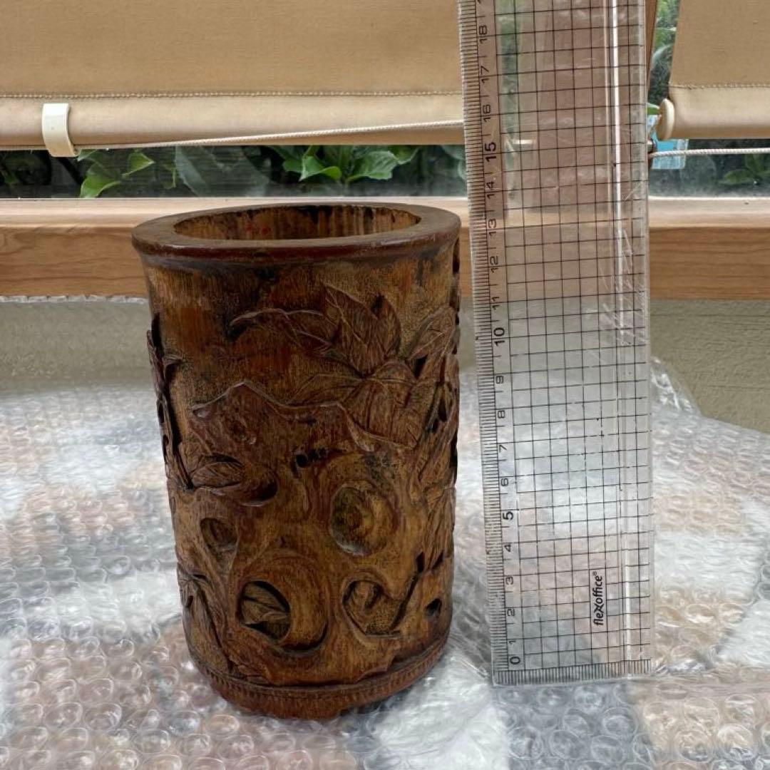 中国美術　竹製彫刻　筆立　筆筒　置物　骨董