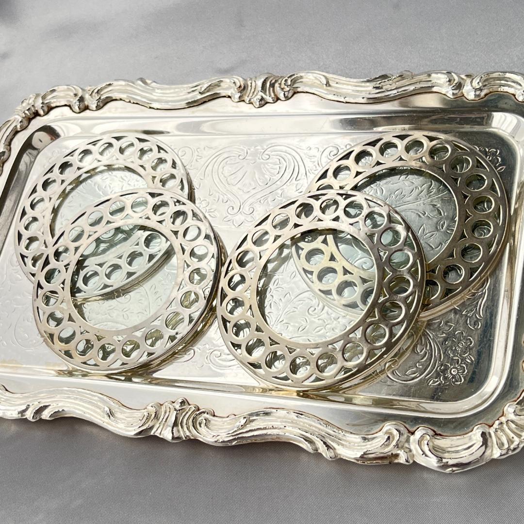 【WEBSTER】 【純銀 / ガラス】コースター 4枚 スターリングシルバー