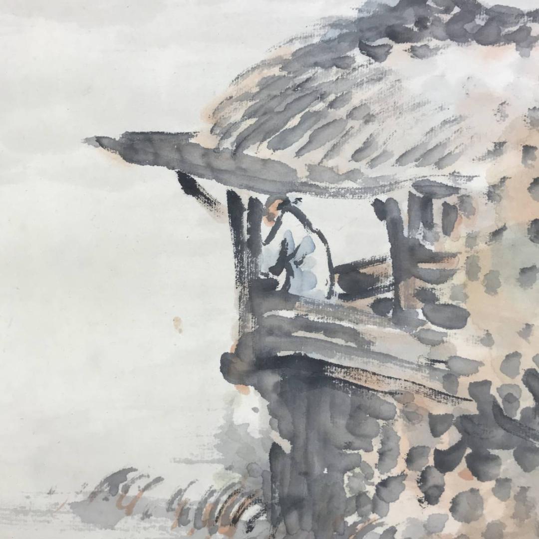 真作/山下竹斎/江水秋晩/山水人物/山水図/秋景山水図/名家伝来/AD-960