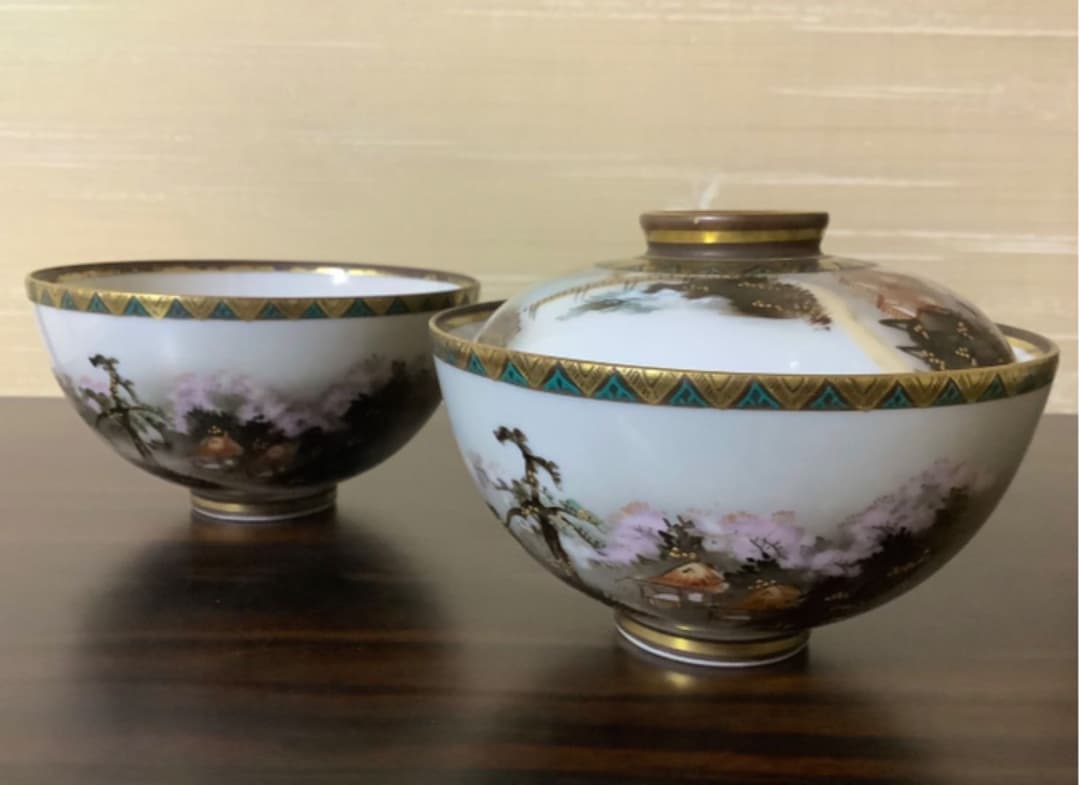 貴重！九谷焼　明治期　笹田友山製　青粒手金彩　金盛　日本の原風景