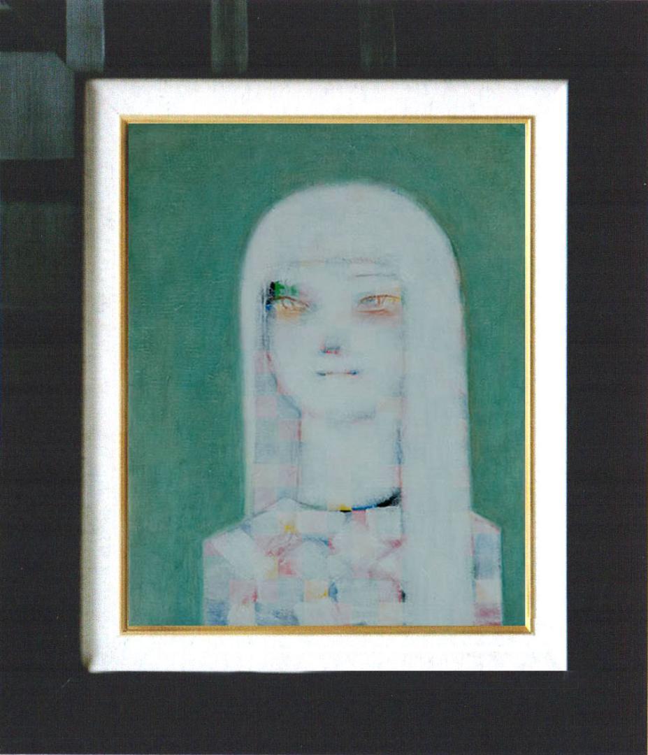 油絵 菅家令子 絵 絵画インテリア額付(青緑＋金色の枠) F4-071212女性