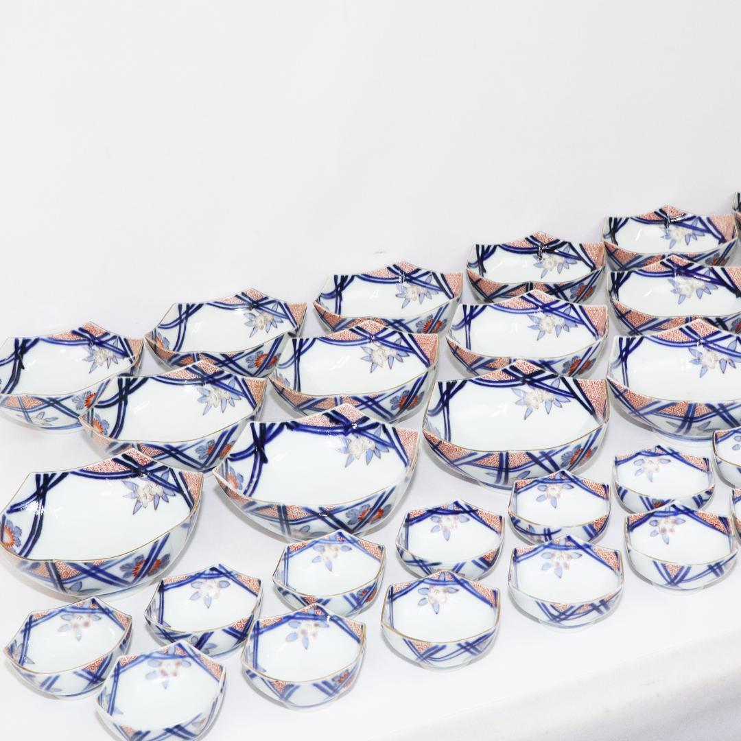 陶泉堂 桔梗型器 染付 金彩 膾皿 17客 小鉢18客 木箱付