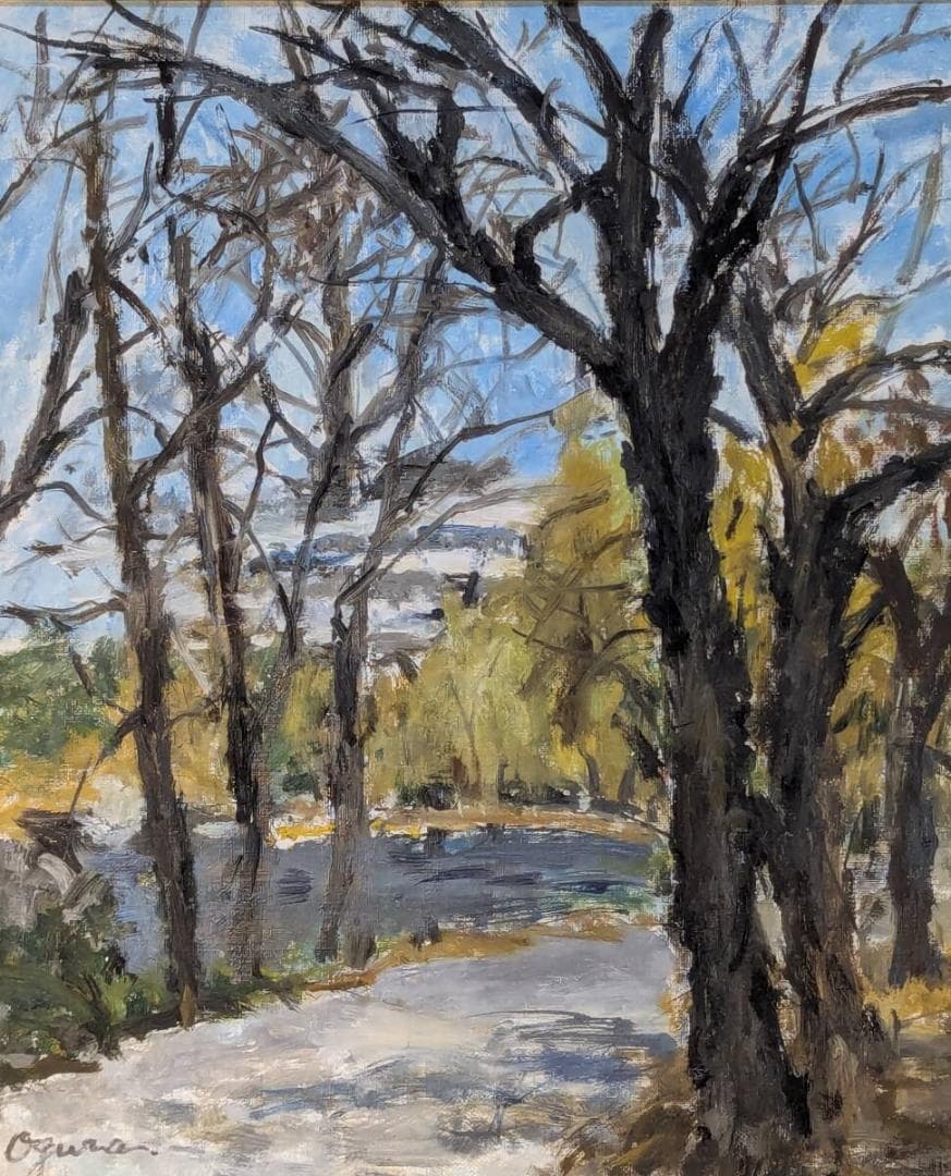 【真作】絵画　油彩8号　木洩れ日の小径　静かな風景　印象派風アート　Z76