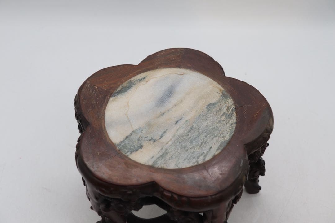 中国　梅彫　大理石嵌唐木花台　茶道具　送料込み260113