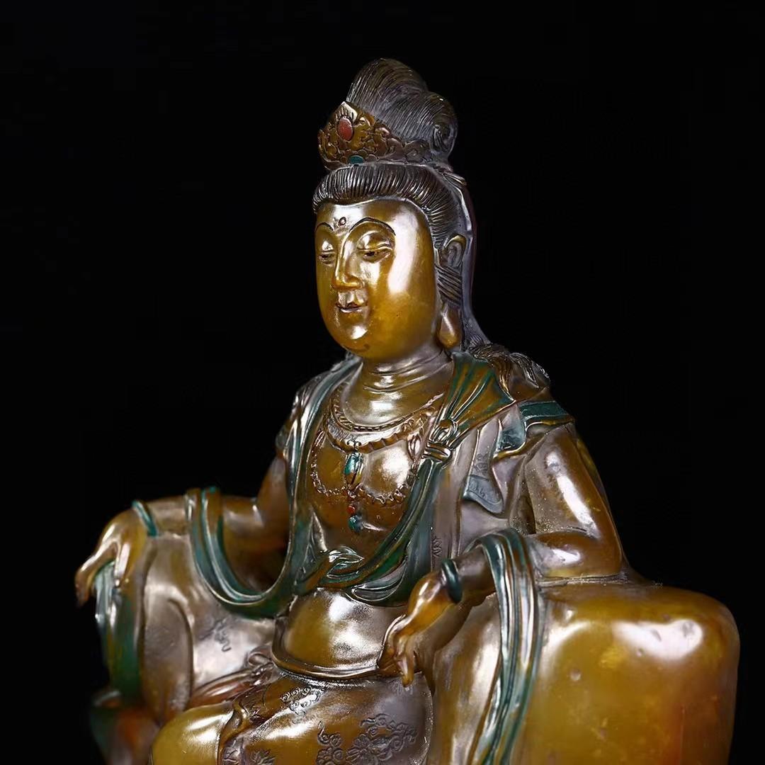 中国古美術・旧蔵寿山石田黄【観音赐福】像飾り・観音仏像 ・箱付・手彫り・聚財置物