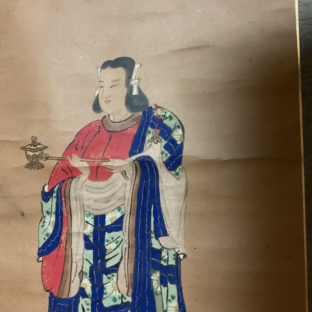 菊池容斎筆 人物像 紙本彩色掛軸 特製木箱