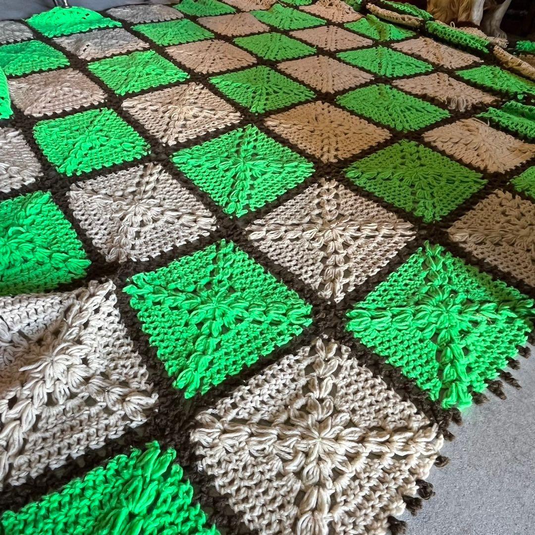 【USA vintage】グラニーブランケット　スクエア　グリーン　大判サイズ