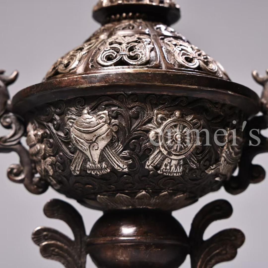 中国古美術・錾刻鎏銀 吉祥八宝鳳耳香炉セット・純銅製・高浮彫・熏香爐・仏具・置物