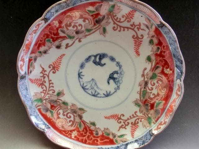 皿■赤絵松竹梅花弁型花唐草紋中皿 花鳥紋(江戸期)古美術 時代物 古い骨董品■