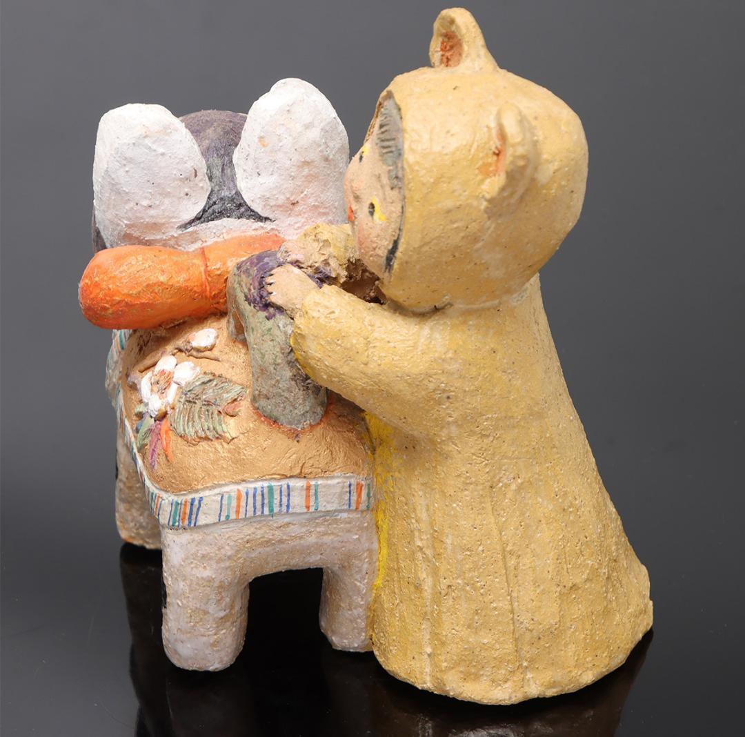 林義雄 作『犬張子と子供』箱無 童塑 陶人形 ＹＯＳＨＩＯ Ｈ 童画家 絵本画家