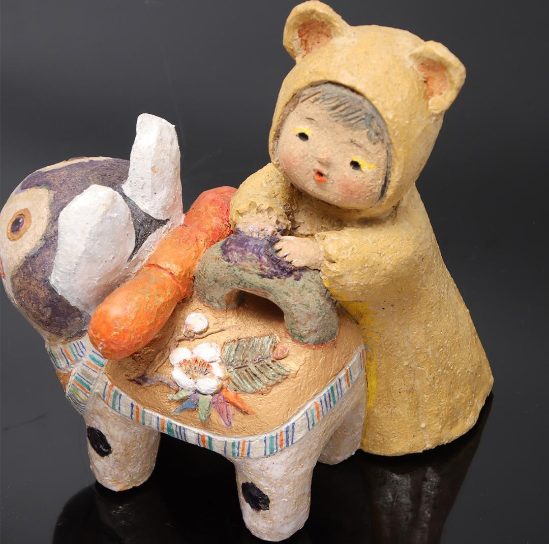 林義雄 作『犬張子と子供』箱無 童塑 陶人形 ＹＯＳＨＩＯ Ｈ 童画家 絵本画家