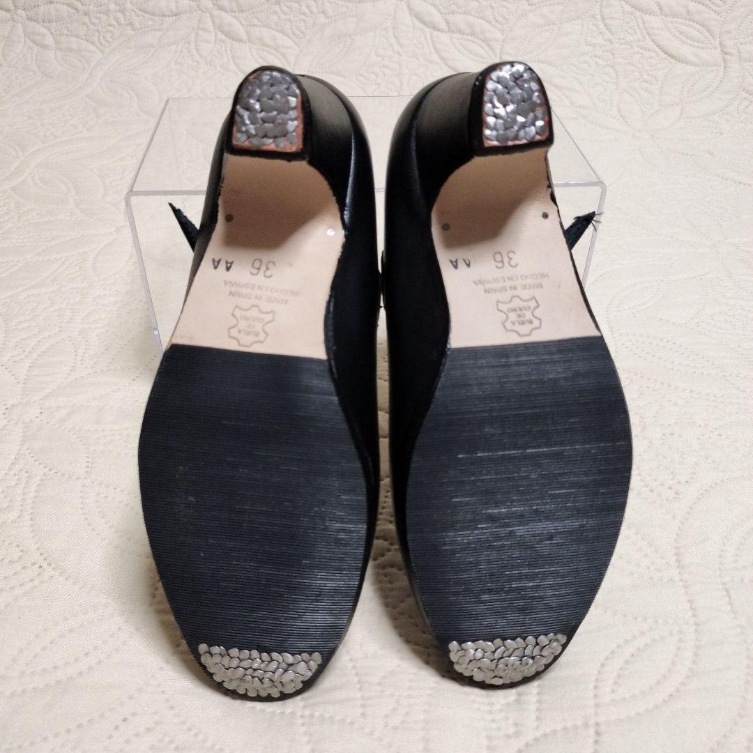 【新品未使用】 ブラック フラメンコシューズ ストラップ付き 本革