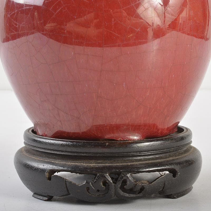 中国　辰砂釉　長顎瓶　唐木台付　D　R6754