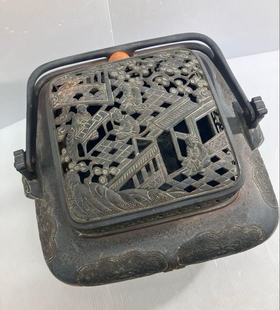 【5.8kg重厚】大明宣徳年製刻印 大型 銅製手炉 浮彫 透かし蓋 香炉 骨董品