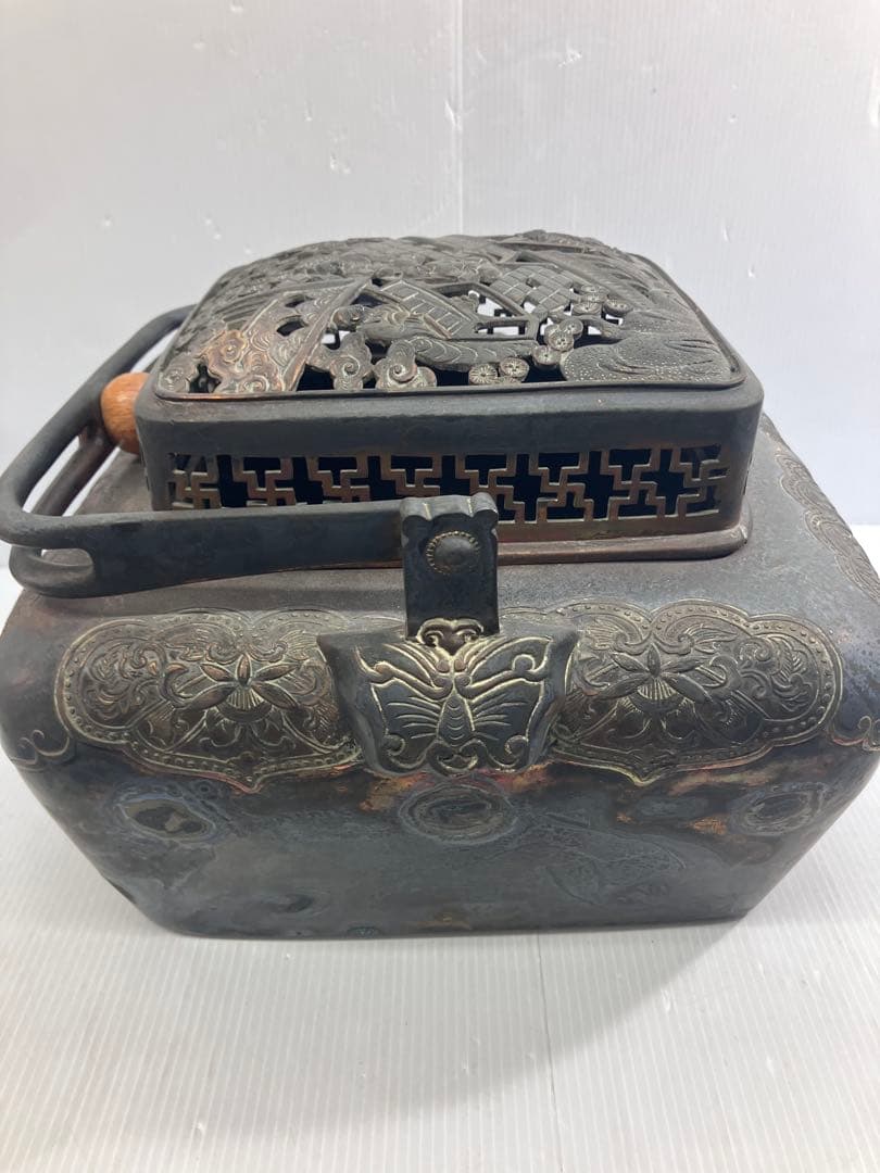 【5.8kg重厚】大明宣徳年製刻印 大型 銅製手炉 浮彫 透かし蓋 香炉 骨董品
