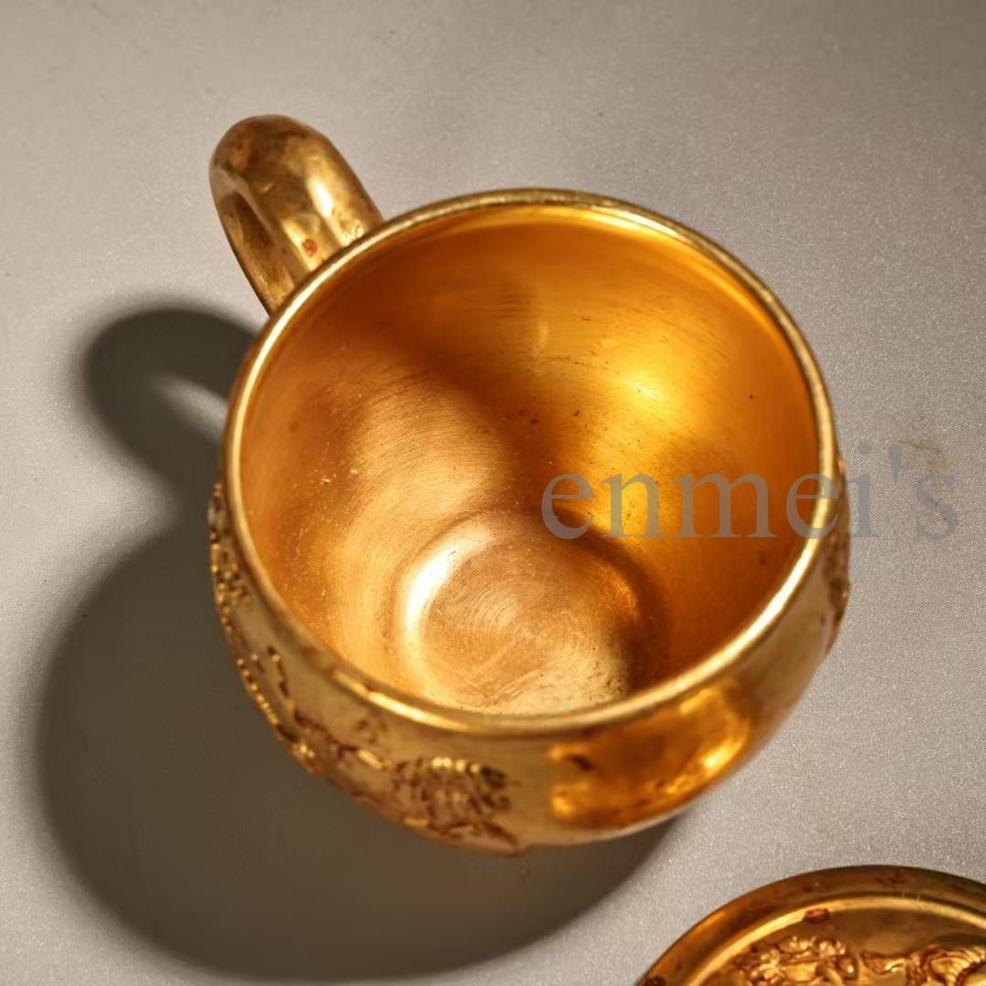 中国古美術・旧蔵純銅製・鎏金浮彫茶杯一対・細密彫・純手作り・高浮彫・置物・茶道具