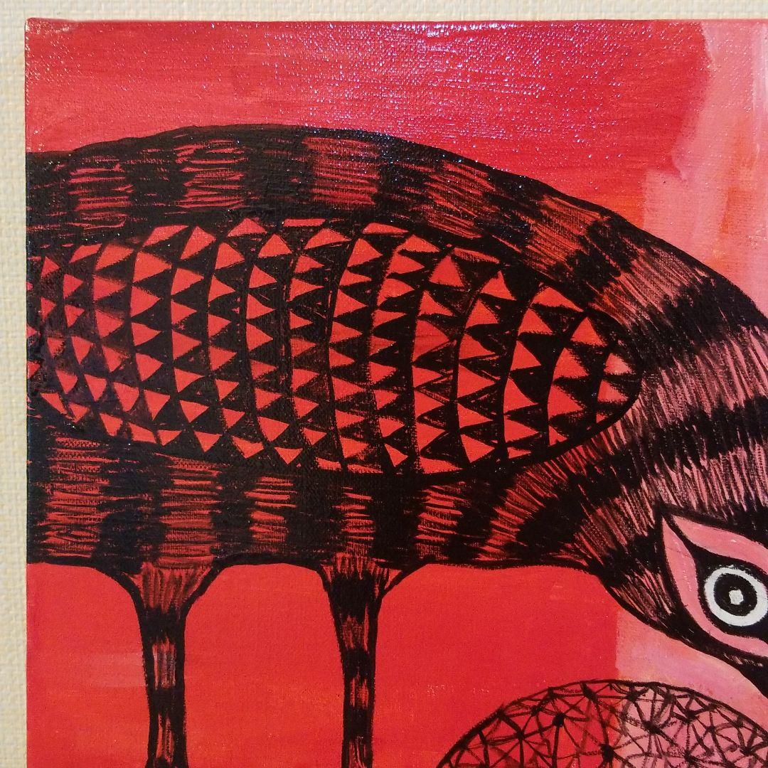 油絵　卵のふ化を見る鳥